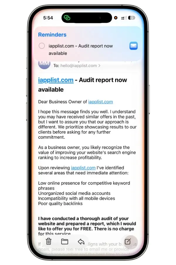 Reminder created from an email in Apple Reminders