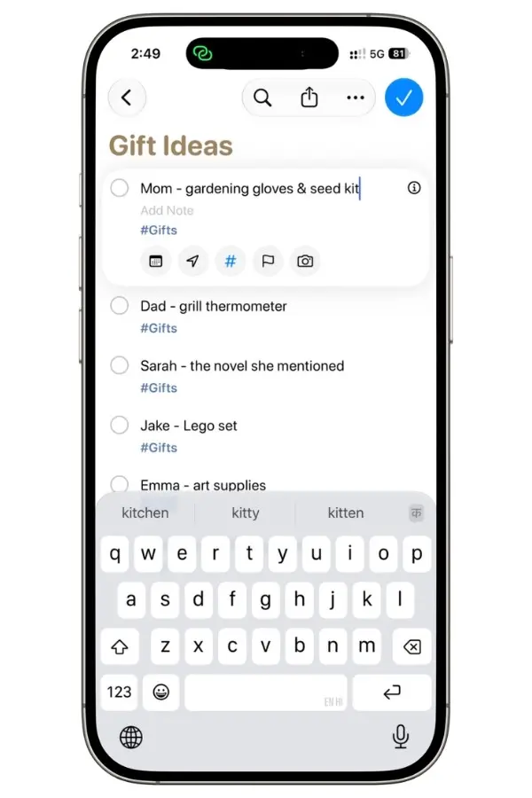 Apple Reminders Gift list with gift ideas organized for family and friends