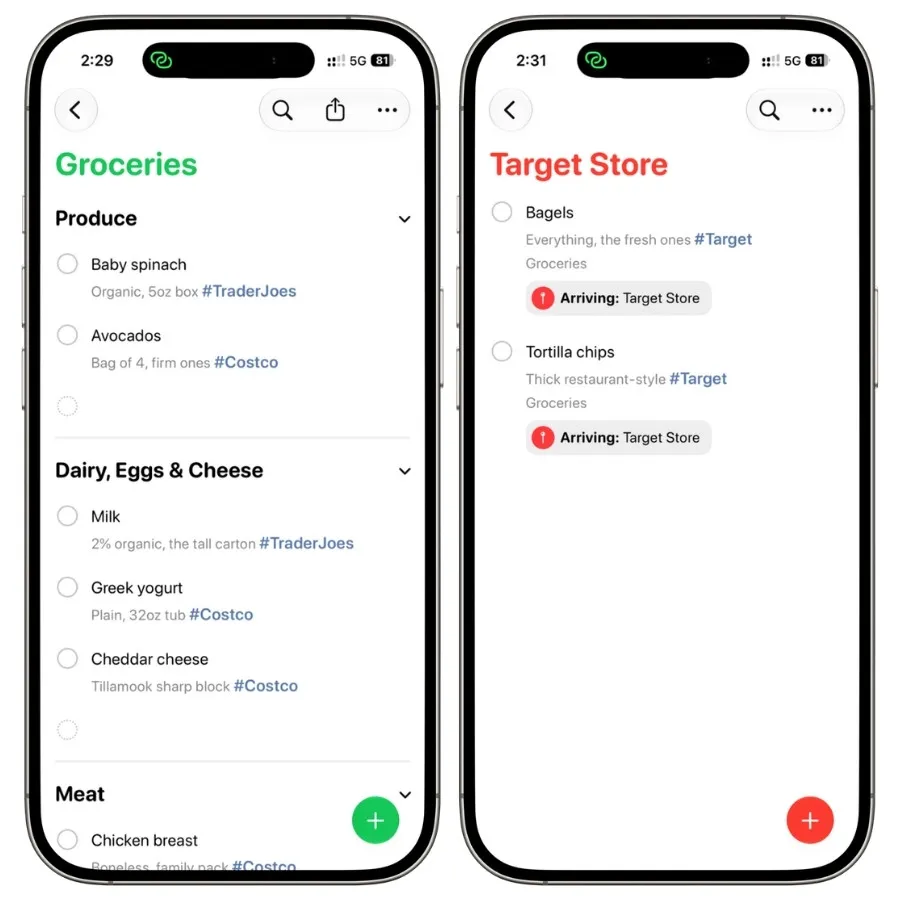Apple Reminders Groceries list showing a shopping checklist with grocery items