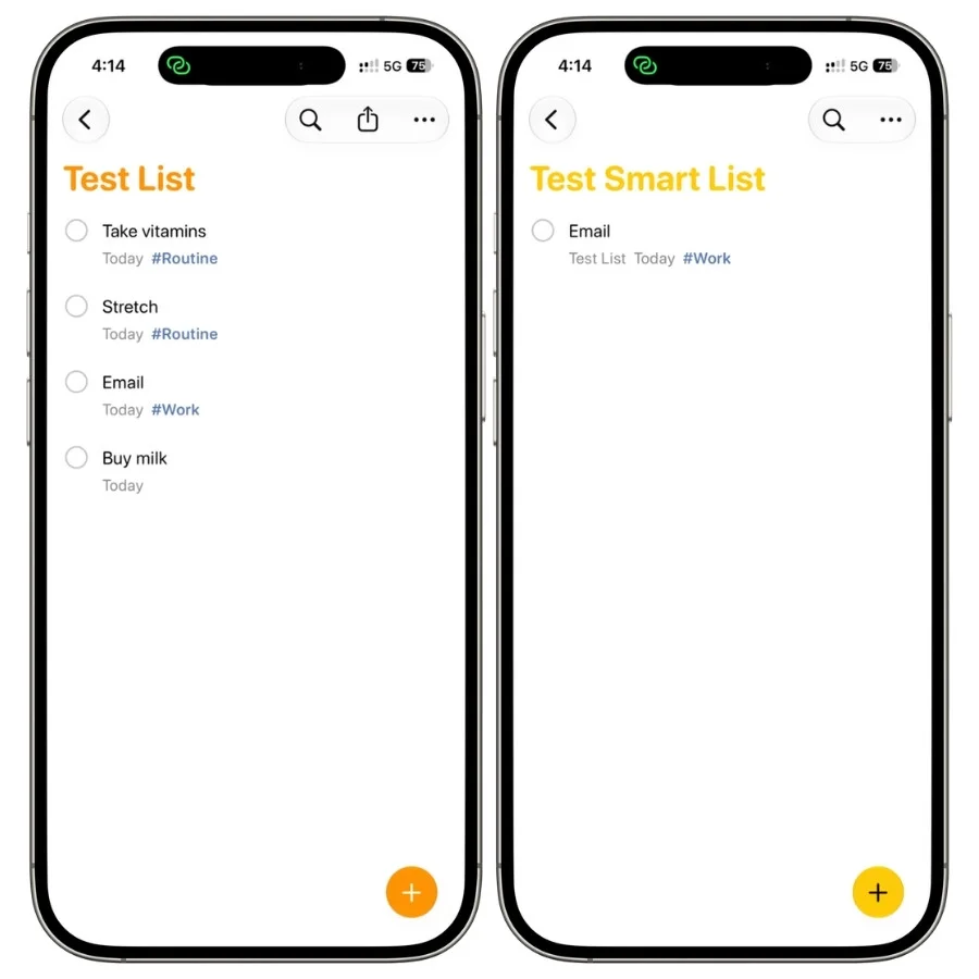 Regular Reminders list beside a Smart List with an excluded tag filter, showing different reminder results