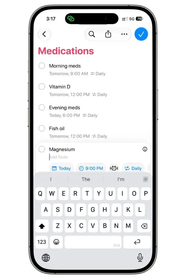 Apple Reminders Medication Schedule list showing recurring medicine reminders with scheduled times