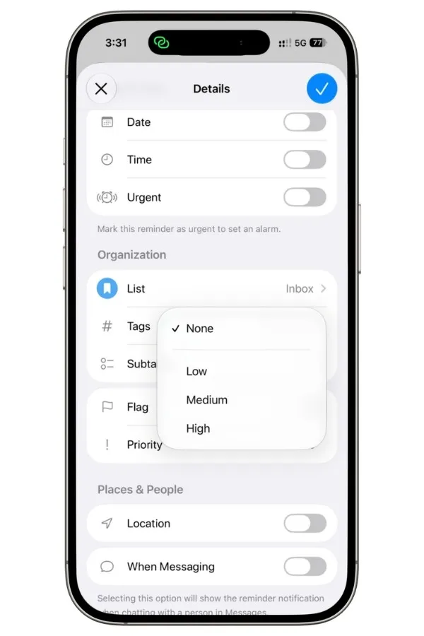 Priority options in Apple Reminders