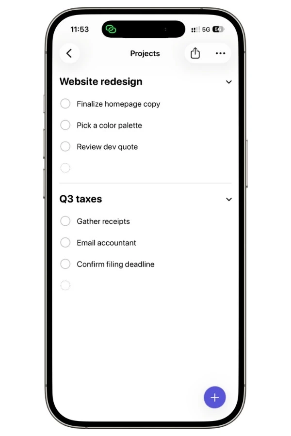 Apple Reminders Projects list with separate sections