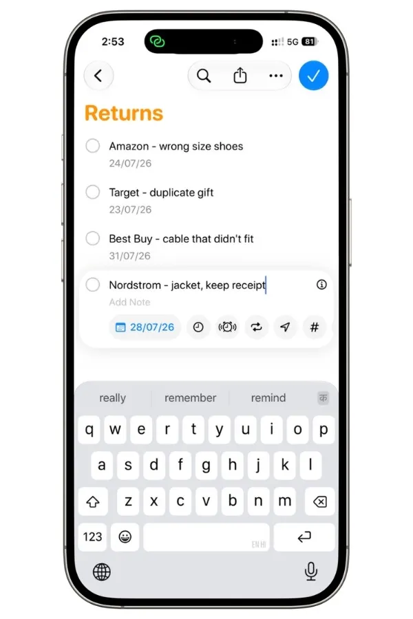 Apple Reminders Returns list tracking items to return before their return deadlines