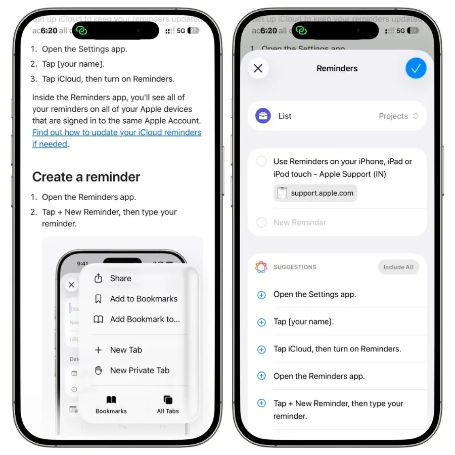 Using the iPhone Share Sheet to save a webpage as a reminder with its original link