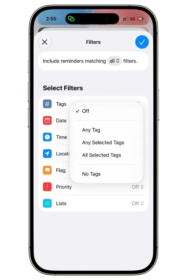 Tags filter options in Apple Reminders Smart List