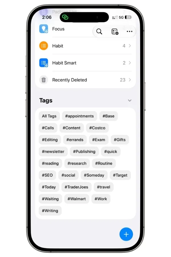 Tags section in Apple Reminders showing a list of personal tags used to organize reminders across different lists