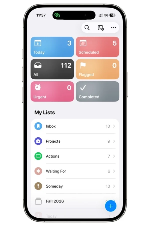 Apple Reminders showing my five task lists used as a simple task management system