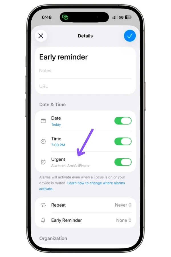 Apple Reminders Details screen showing the Urgent toggle