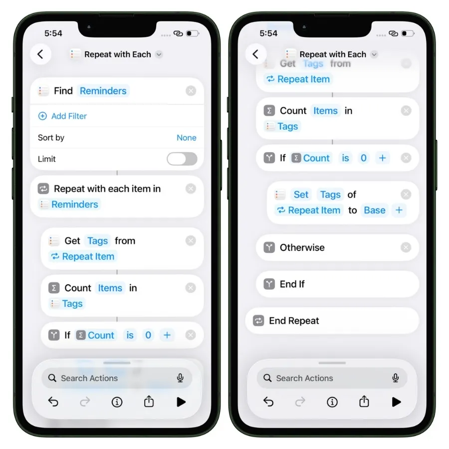 Step-by-step Shortcut for automatically adding the #base tag to untagged reminders in Apple Reminders