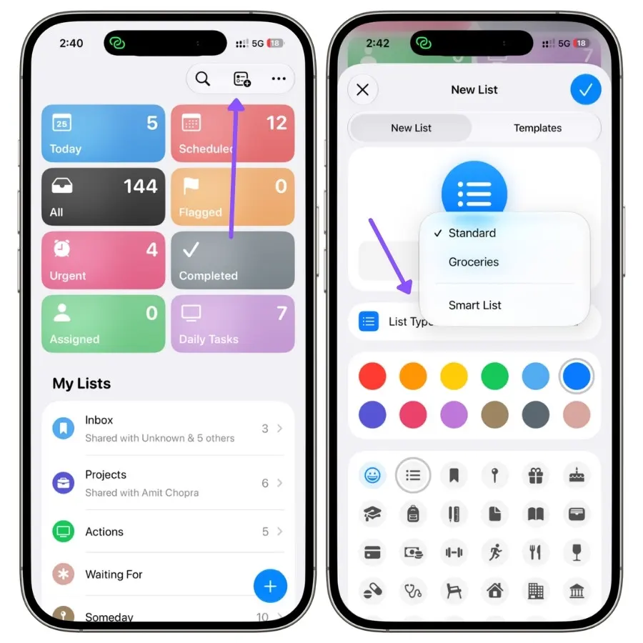 New List screen in Apple Reminders with the Smart List option