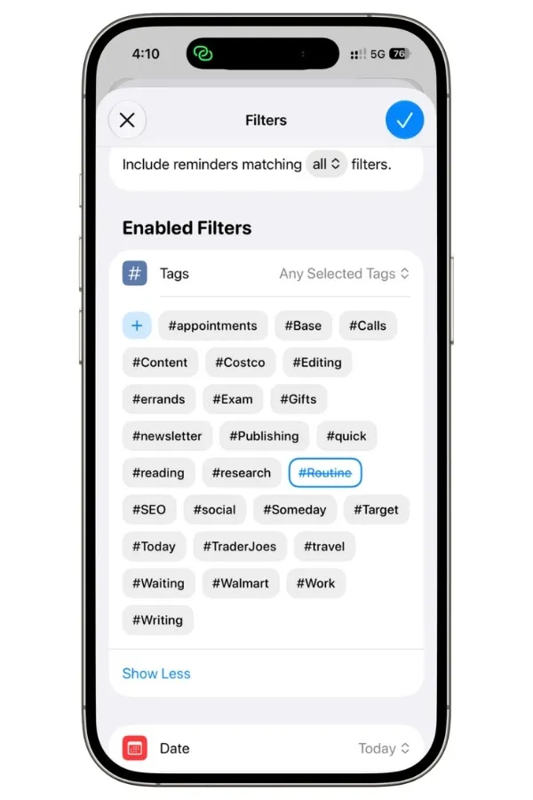 Tags filter in an Apple Reminders Smart List showing a tag crossed out to exclude reminders with that tag
