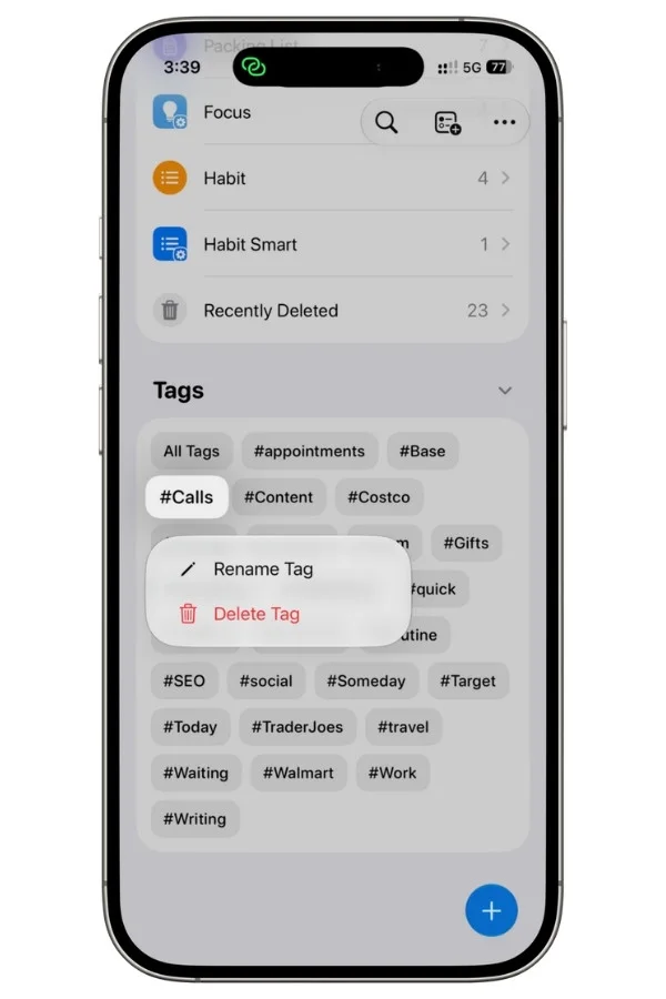 Context menu in Apple Reminders showing the Rename Tag and Delete Tag options after long-pressing a tag