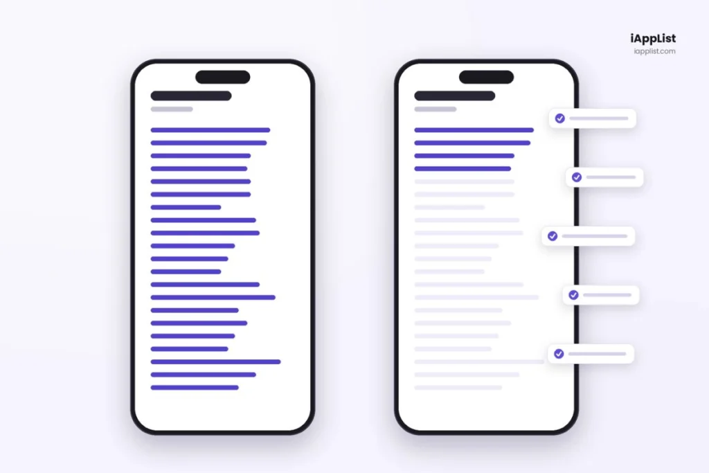 Two iPhones showing the same brain dump note, one full of unprocessed items and one nearly cleared after a weekly processing pass