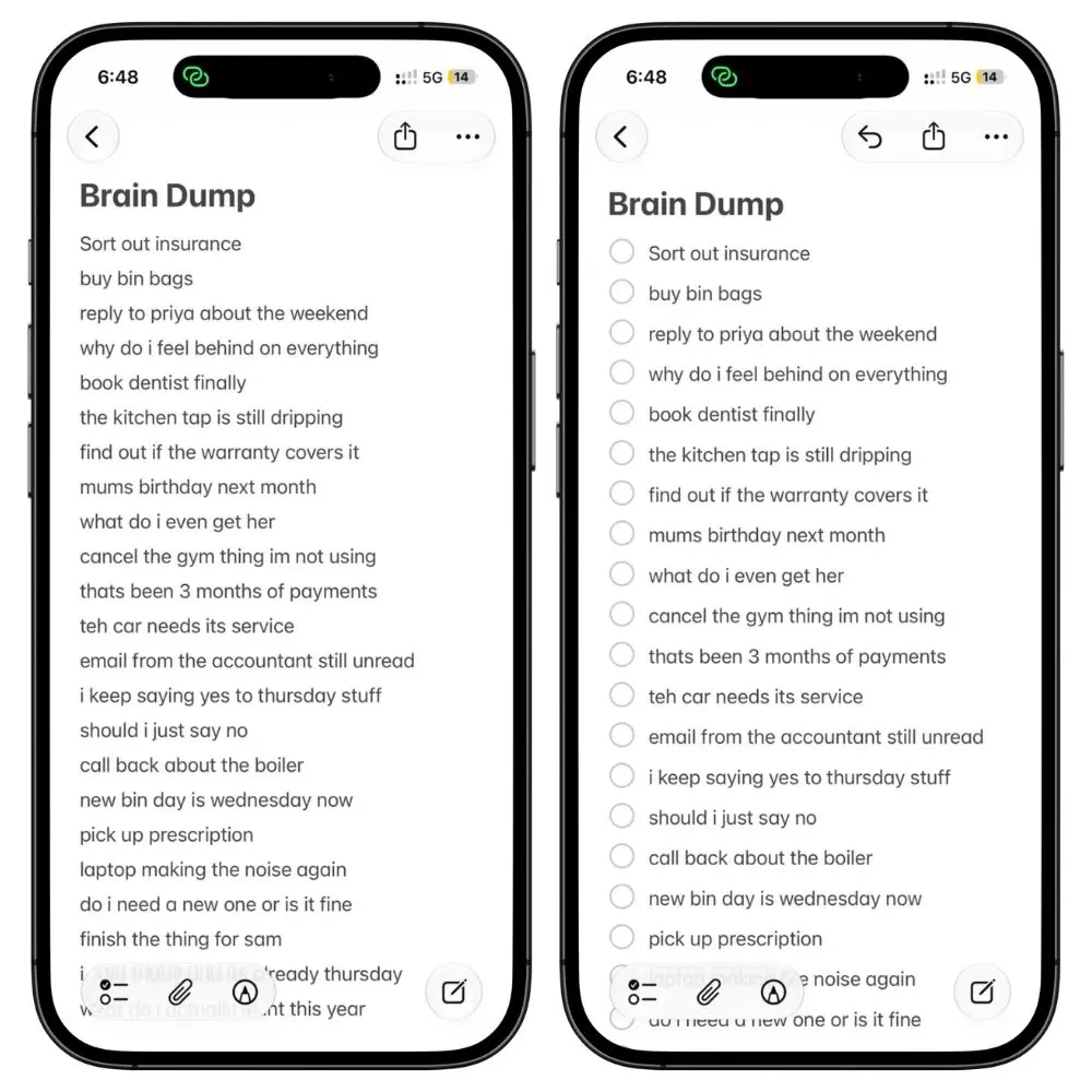 Apple Notes brain dump shown as cluttered text before and as a checklist after formatting