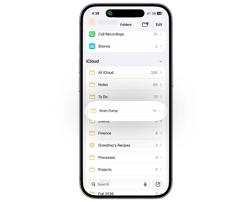 Apple Notes Brain Dump note containing a mix of tasks, thoughts, reminders, and random ideas in one unorganized list