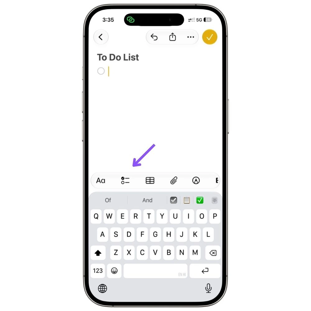 Apple Notes formatting bar showing the checklist button highlighted above the keyboard