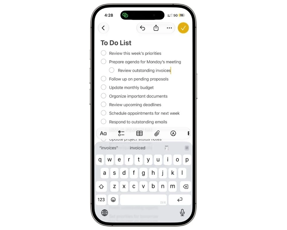 Apple Notes checklist showing an indented subtask beneath a main task