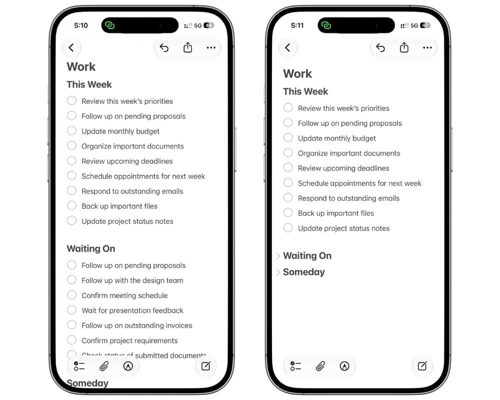 Apple Notes showing collapsed and expanded headings side by side