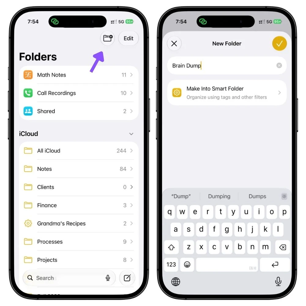 Apple Notes folder menu showing the option to create a new Brain Dump folder