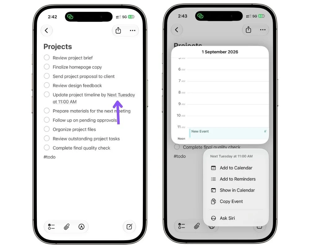 Apple Notes showing a detected date with options to send it to Calendar or Reminders