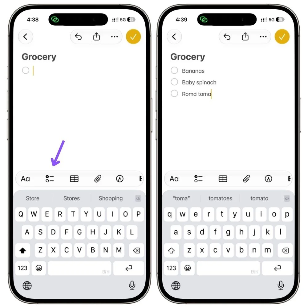 Apple Notes grocery list with the checklist active while adding items