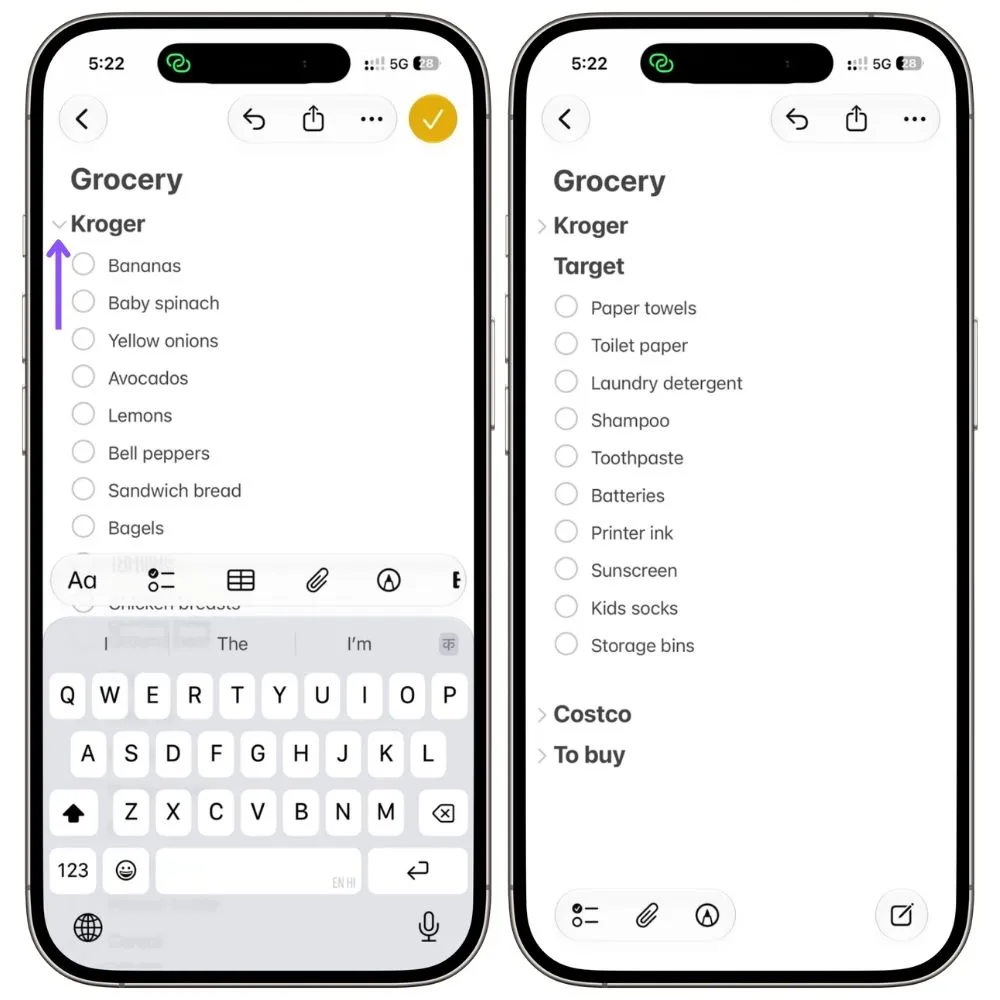 Apple Notes grocery list with a store heading collapsed to hide the items underneath