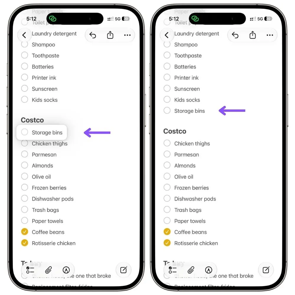 Apple Notes grocery checklist with items being arranged in store walking order