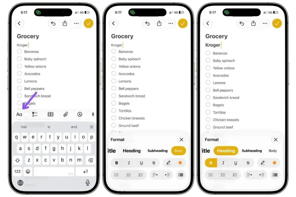 Apple Notes grocery list showing a store name formatted as a heading