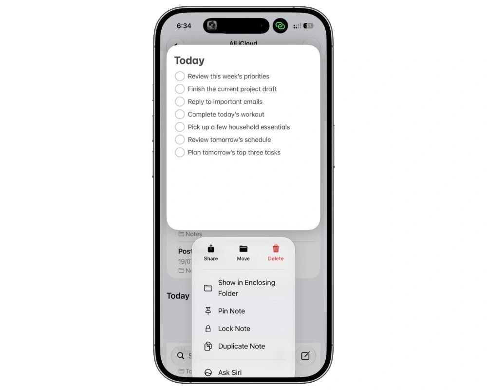 Apple Notes long-press menu showing the Pin option for the Today note