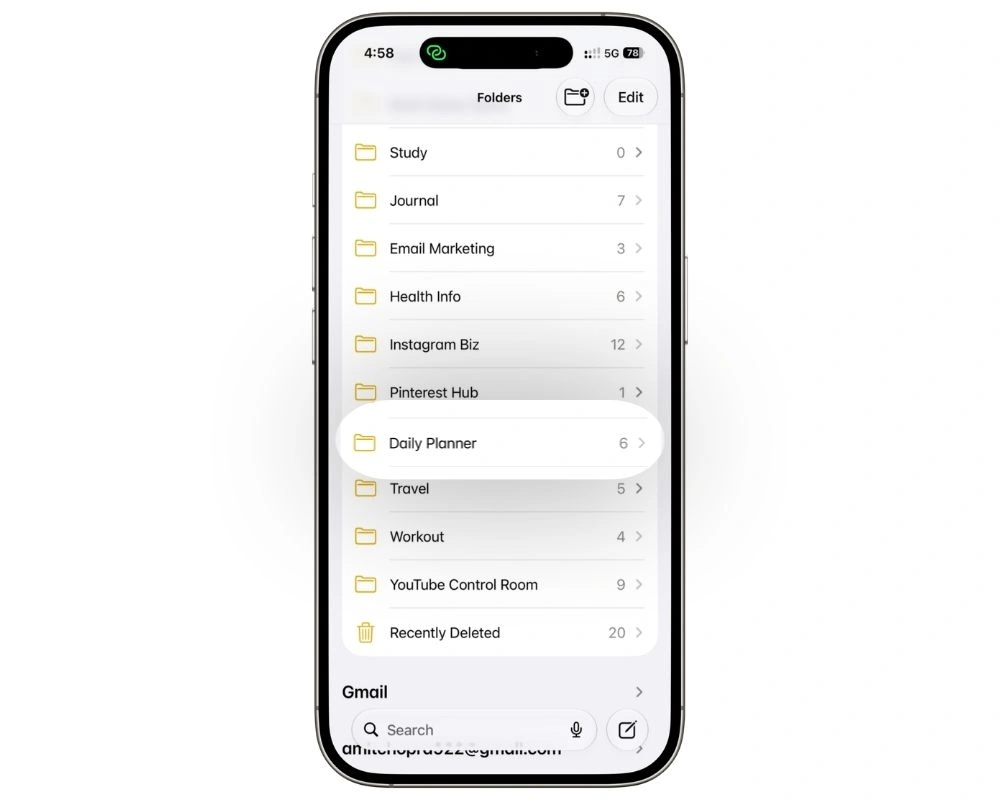 Apple Notes note titled with tomorrow's date containing three planned priorities for the next day