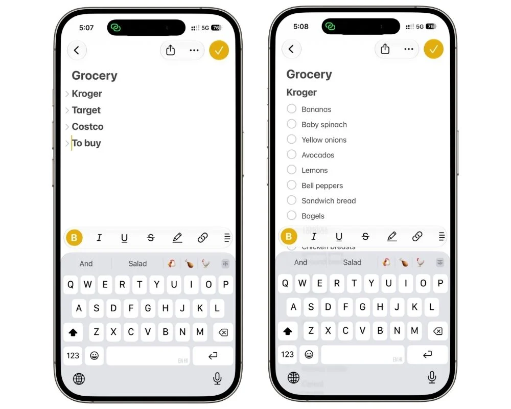 Apple Notes grocery list