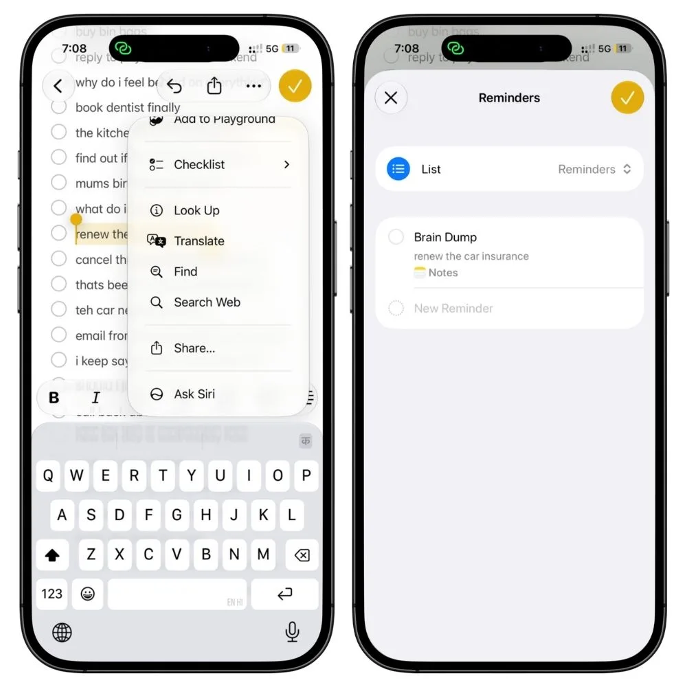 Apple Notes Share menu showing the option to send a brain dump item to Reminders