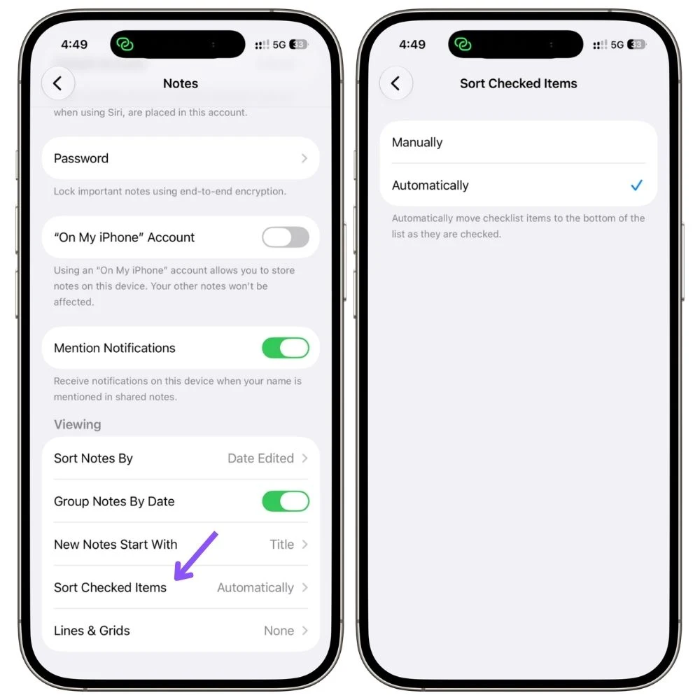 Apple Notes Sort Checked Items setting with Automatically selected