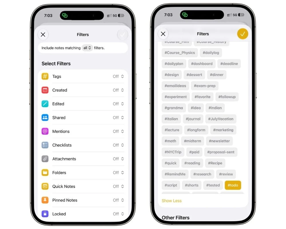 Apple Notes Smart Folder creation screen with the #todo tag selected as a filter