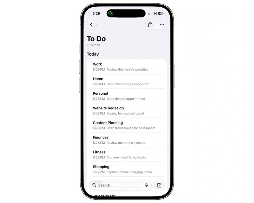 Apple Notes To Do folder showing separate checklist notes for different areas and projects