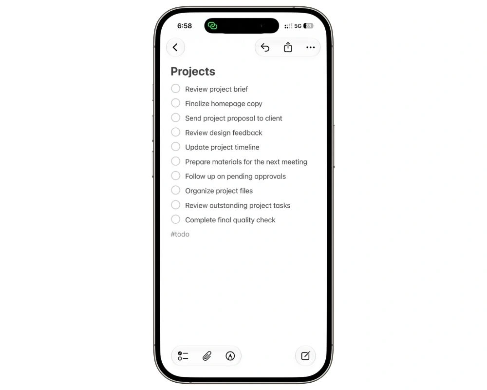 Apple Notes project note showing the #todo tag above a group of tasks