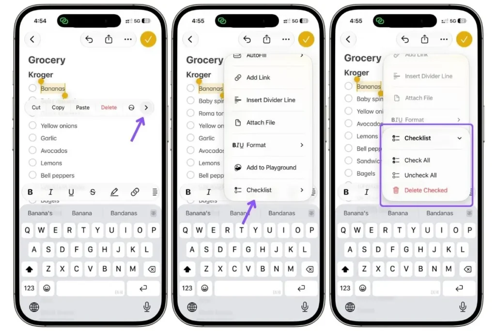 Apple Notes checklist menu showing the Uncheck All option
