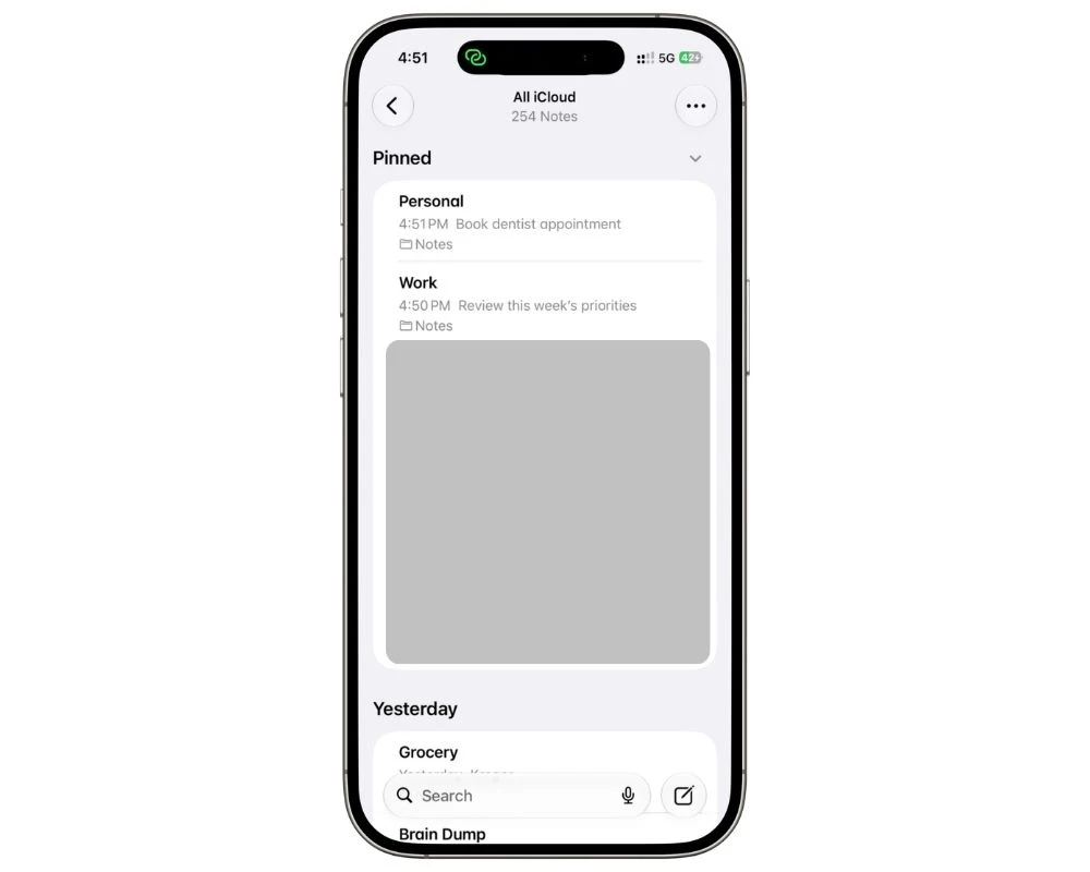 Apple Notes showing two pinned notes named Work and Personal at the top of the notes list