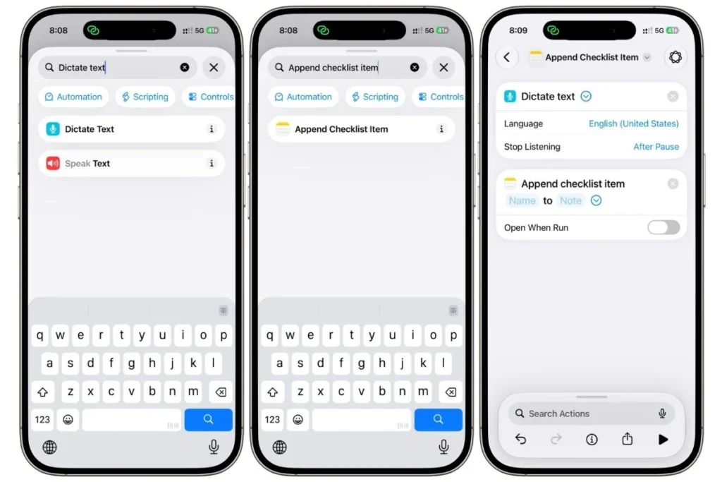 Apple Shortcuts showing the Dictate Text and Append Checklist Item actions in a shortcut