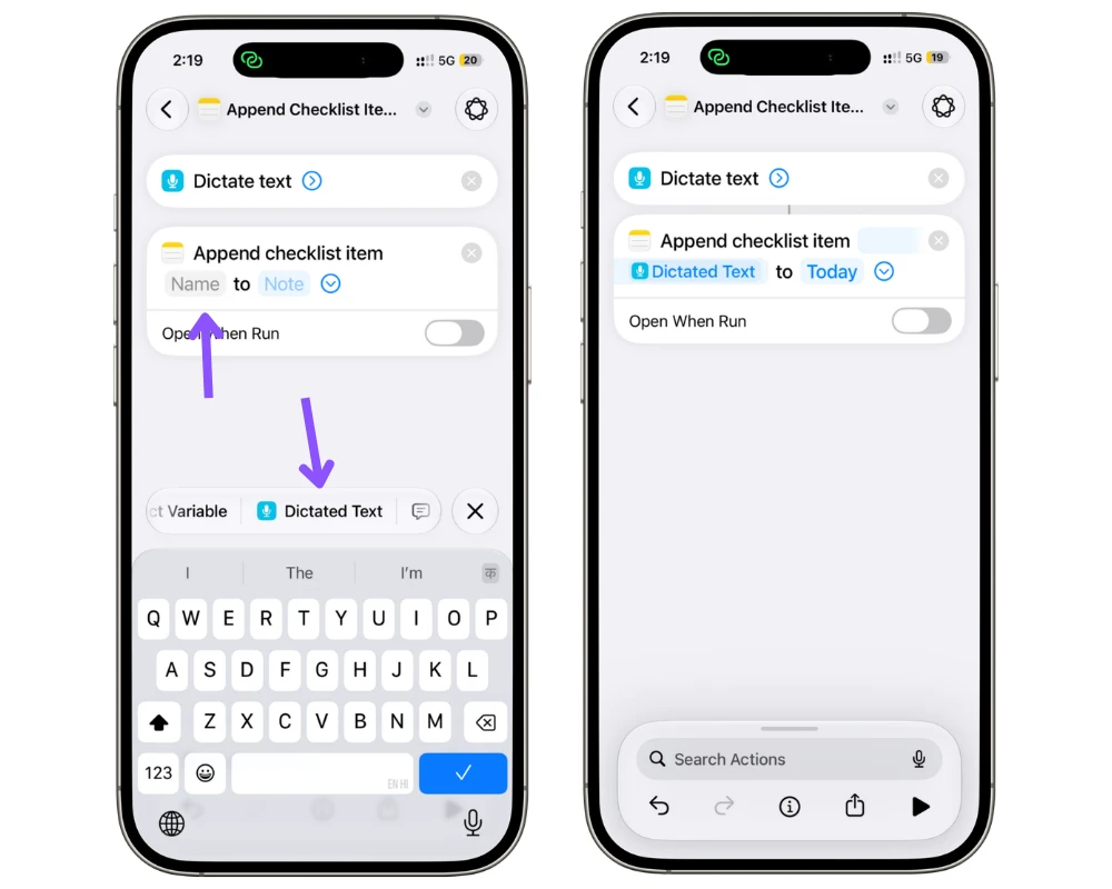 Apple Shortcuts showing Dictated Text selected for the checklist item and the Today note chosen as the destination