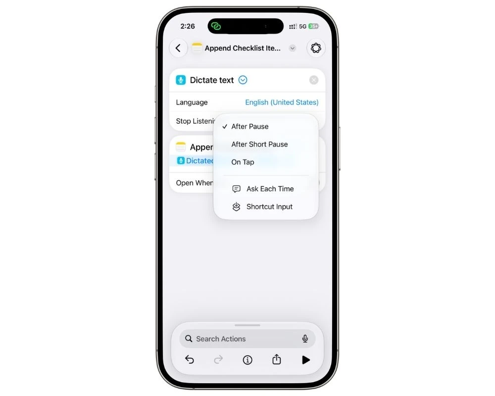 Apple Shortcuts Dictate Text action showing Stop Listening set to On Tap