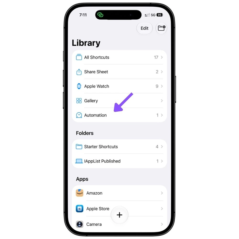 The Shortcuts app library screen with the Automation row highlighted.