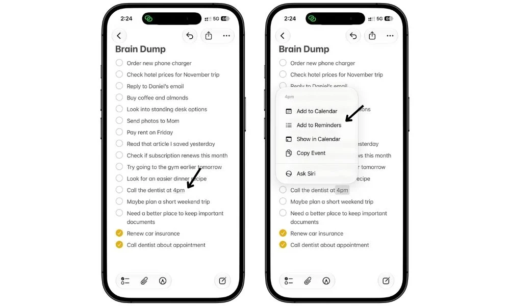 Apple Notes showing a time in a note with the Add to Reminders option