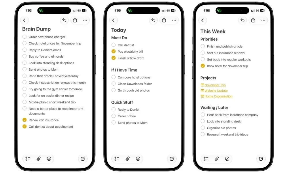 Apple Notes ADHD planner setup showing Brain Dump, Today, and This Week notes