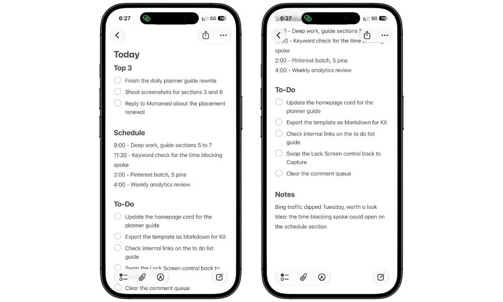 Apple Notes daily planner with Top 3, Schedule, To-Do, and Notes sections
