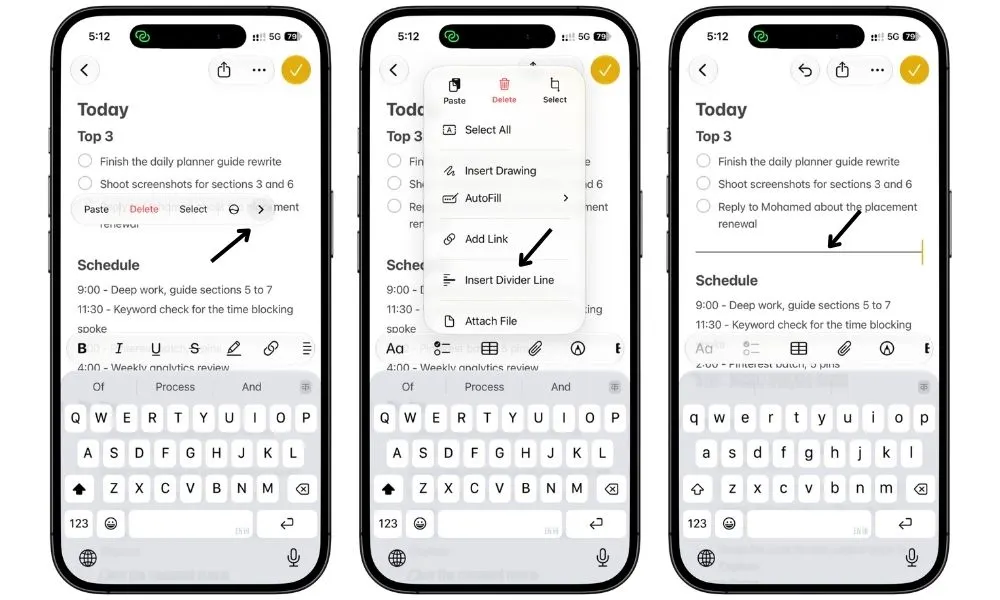 Apple Notes on iPhone showing the editing menu with the Insert Divider Line option in iOS 27