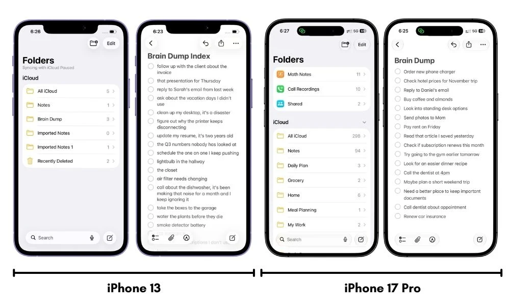 Side-by-side comparison of Apple Notes in iOS 26 and iOS 27 on iPhone 13 and iPhone 17 Pro