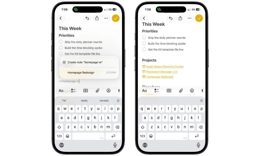 Apple Notes This Week hub linking a project to another note