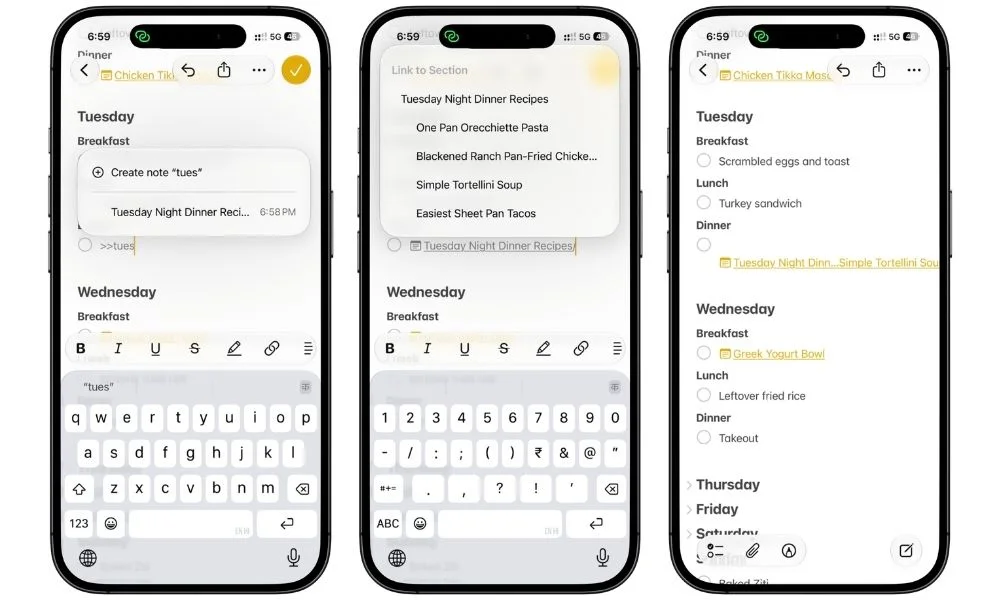 Selecting a heading inside a recipe note when creating a link in Apple Notes